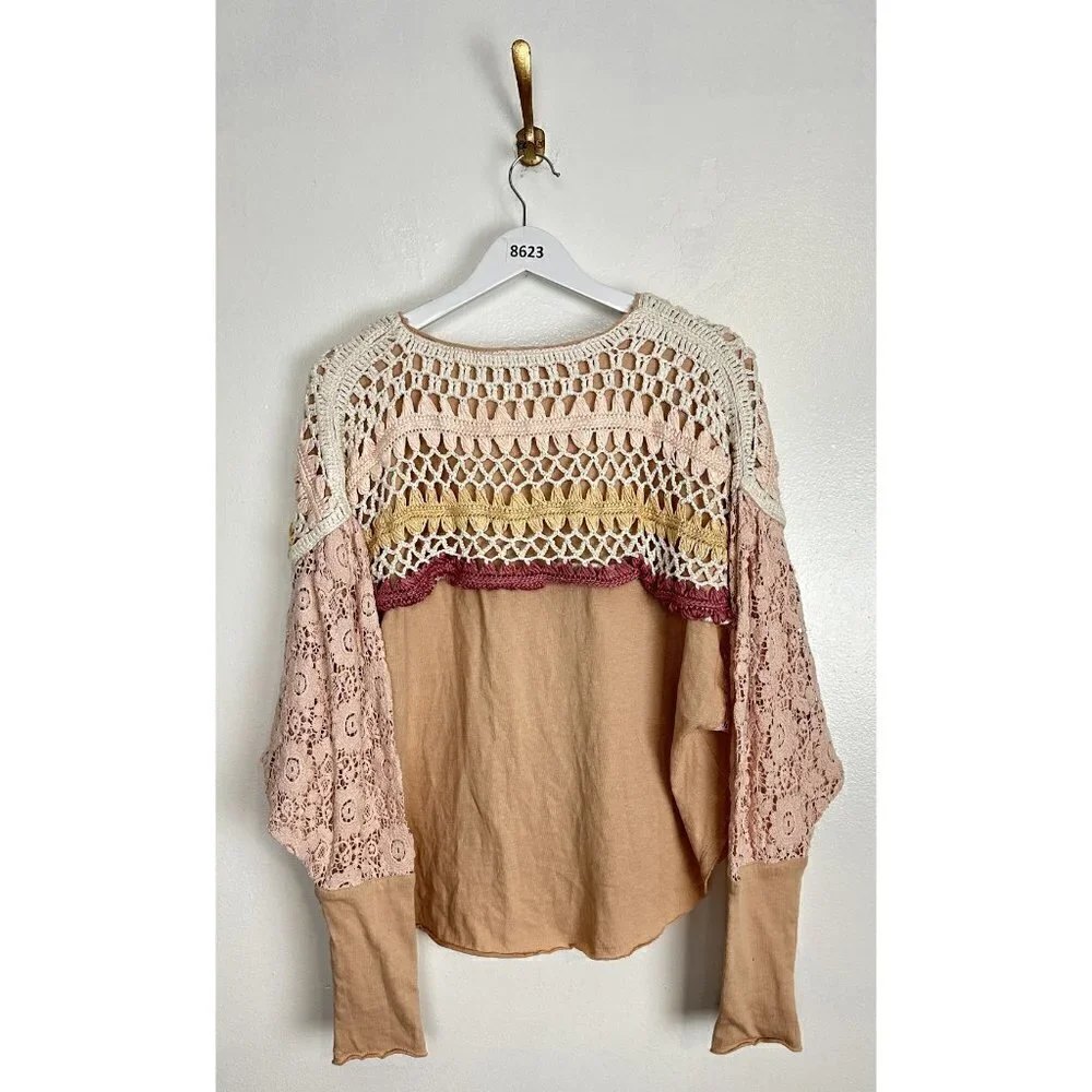 FREE PEOPLE High Hopes Cotton Crocheted-Yoke Lace-Sleeve Top Brown Sugar Combo
